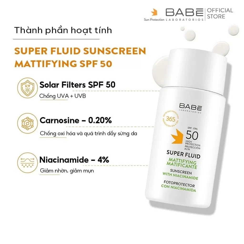 Kem chống nắng cho da dầu, mụn - BABE Super Fluid Mattifying sunscreen SPF 50